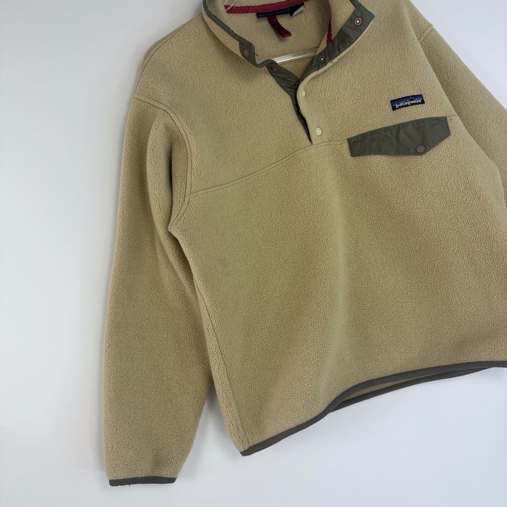 Patagonia Synchilla Snap-T Pullover Mens Small Tan Fleece Olive Green Trim 12536 - Picture 3 of 15